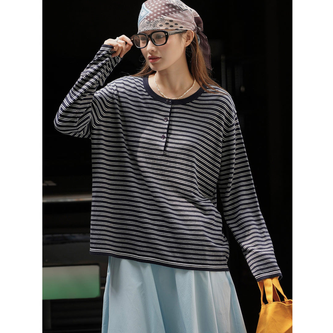 Women's Lightweight Cotton Blend Long Sleeve Shirt with Button Placket and Fine Striped Pattern Amarae