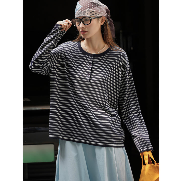 Women's Lightweight Cotton Blend Long Sleeve Shirt with Button Placket and Fine Striped Pattern Amarae