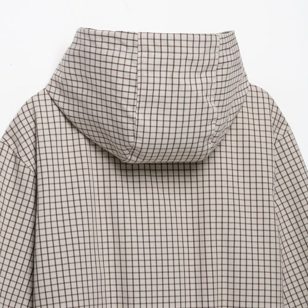 Women Lightweight Hooded Jacket in Check Pattern with Drawstring Hem and Elastic Cuffs Amarae