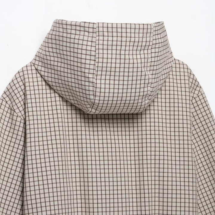 Women Lightweight Hooded Jacket in Check Pattern with Drawstring Hem and Elastic Cuffs Amarae