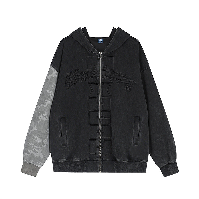 Unisex Oversize Hooded Zip Jacket with Camouflage Sleeves, Washed Effect and Raised Front Embroidery Amarae