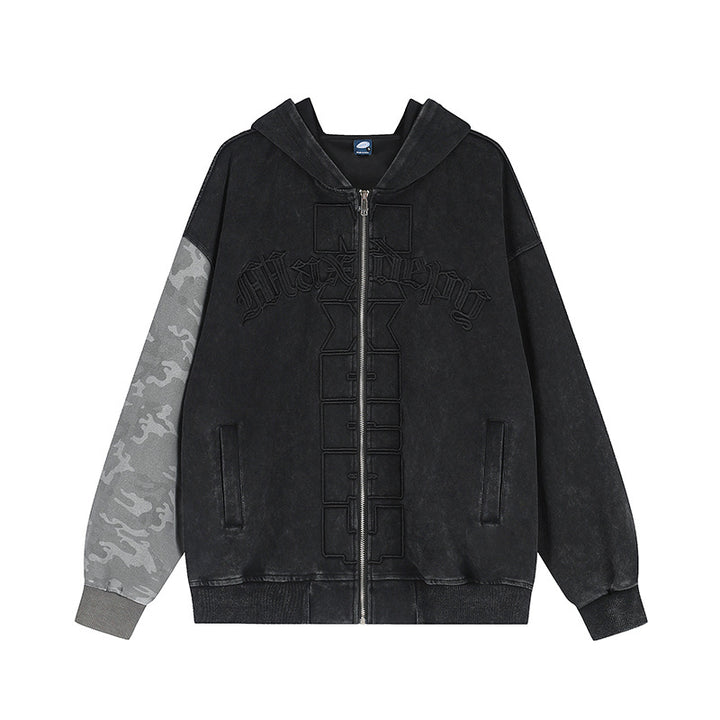 Unisex Oversize Hooded Zip Jacket with Camouflage Sleeves, Washed Effect and Raised Front Embroidery Amarae