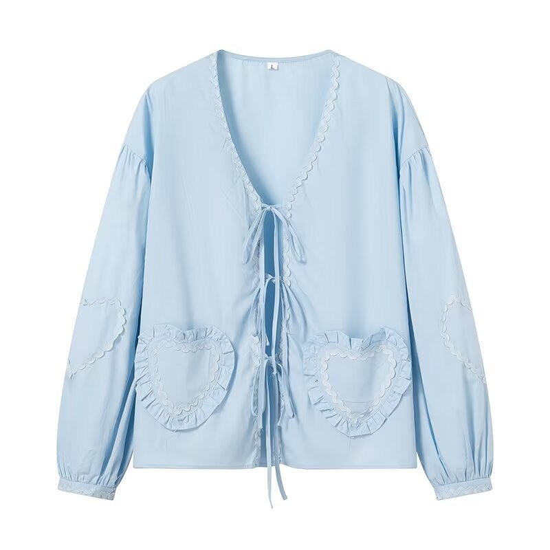 Ladies Playful V-Neck Blouse with Ruffled Heart Pockets and Front Ties Amarae