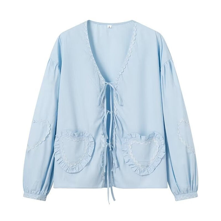 Ladies Playful V-Neck Blouse with Ruffled Heart Pockets and Front Ties Amarae