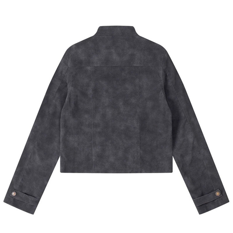 Women's short cut biker jacket in suede look with stand-up collar and chest zipper Amarae