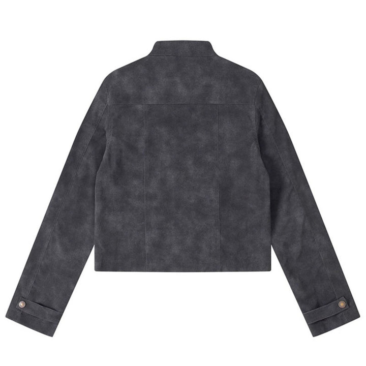 Women's short cut biker jacket in suede look with stand-up collar and chest zipper Amarae