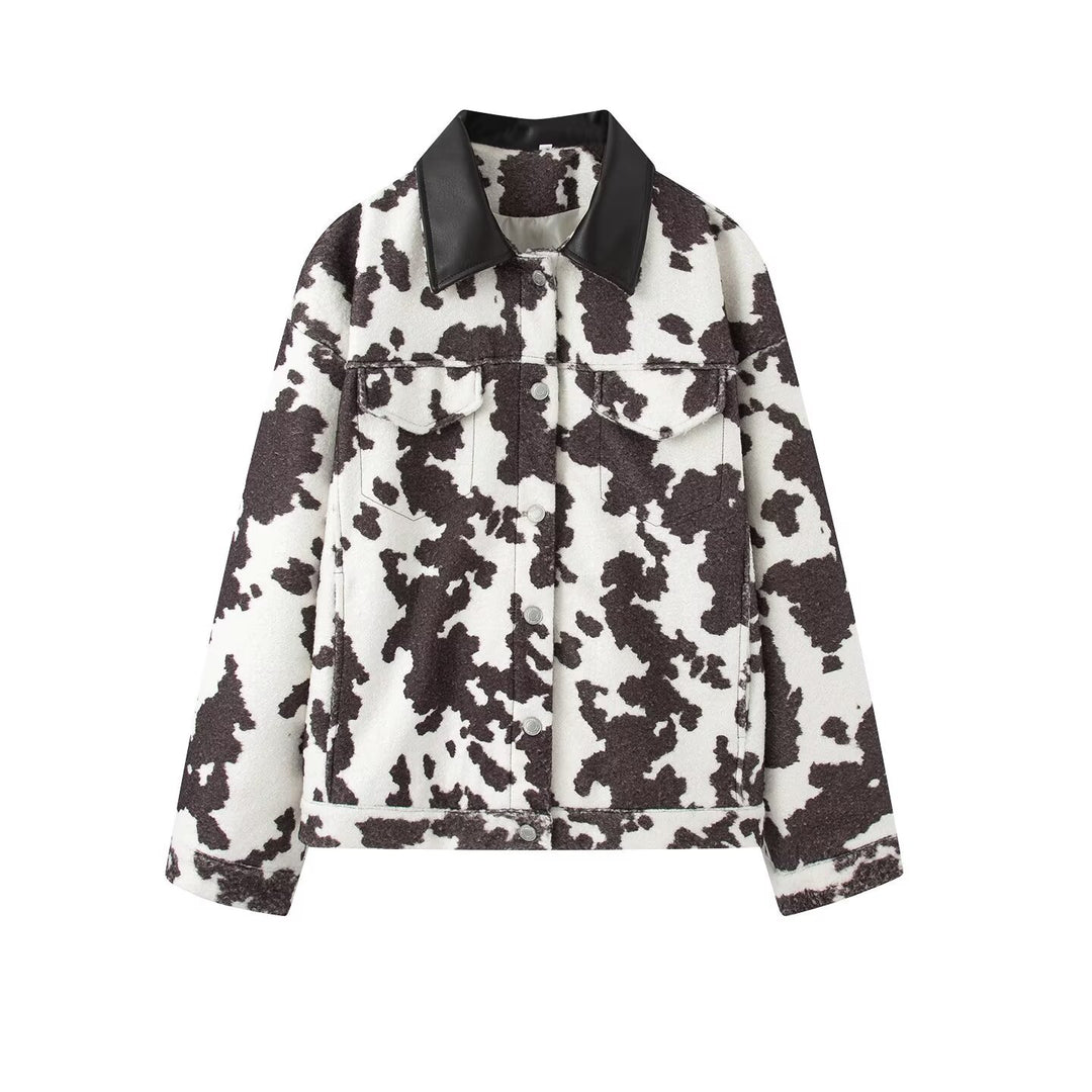 Women's Oversized Jacket in Trucker Style with Cow Print and Faux Leather Collar Amarae
