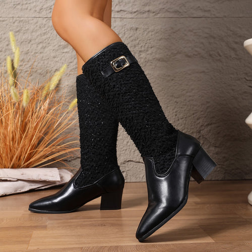 Fashion over-the-knee boots for women with an elegant knit pattern and blocked comfort.