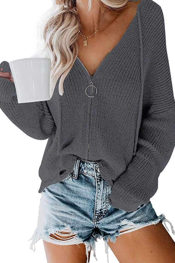 Knit V-neck sweater for women with full zip and relaxed fit Lune London