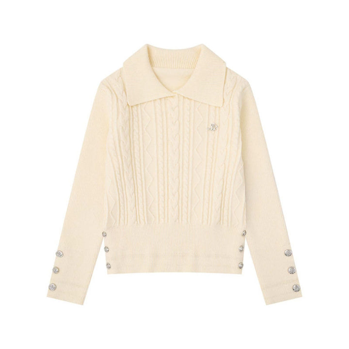 Women's fine knit polo sweater with cable pattern, decorative button trim and tailored fit Amarae