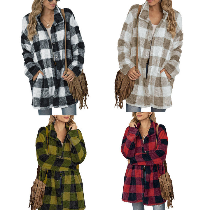 Women’s fleece jacket with checked pattern and practical pockets Lune London