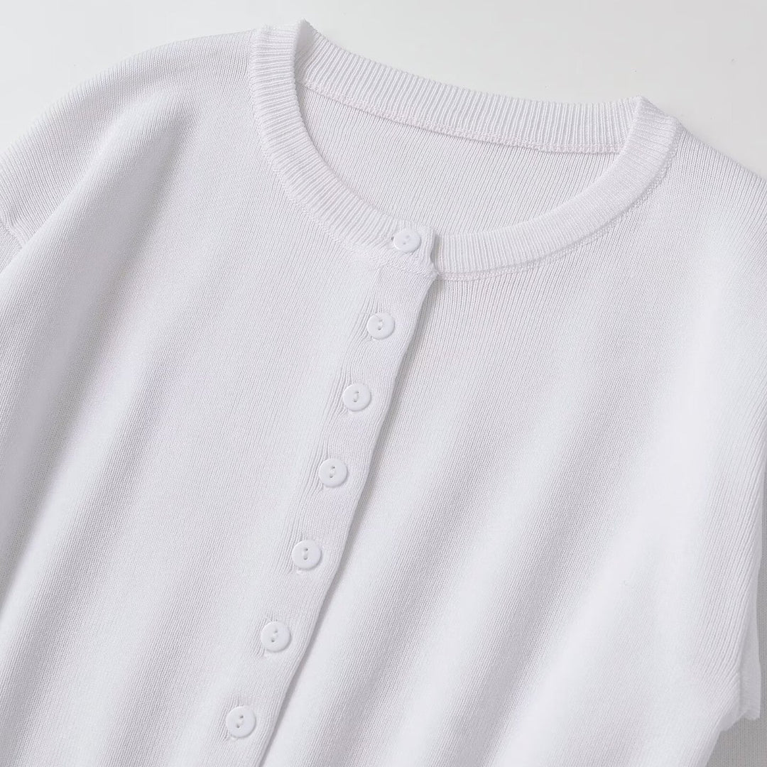 Women's Short Fine Knit Cardigan with Tailored Ribbed Waistband and Continuous Button Placket Amarae