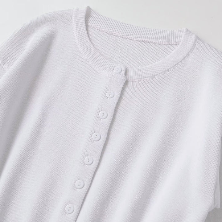 Women's Short Fine Knit Cardigan with Tailored Ribbed Waistband and Continuous Button Placket Amarae