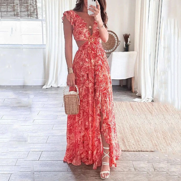 Robe maxi longue pour femmes avec design élégant à découpes et encolure à volants Chic & Stil