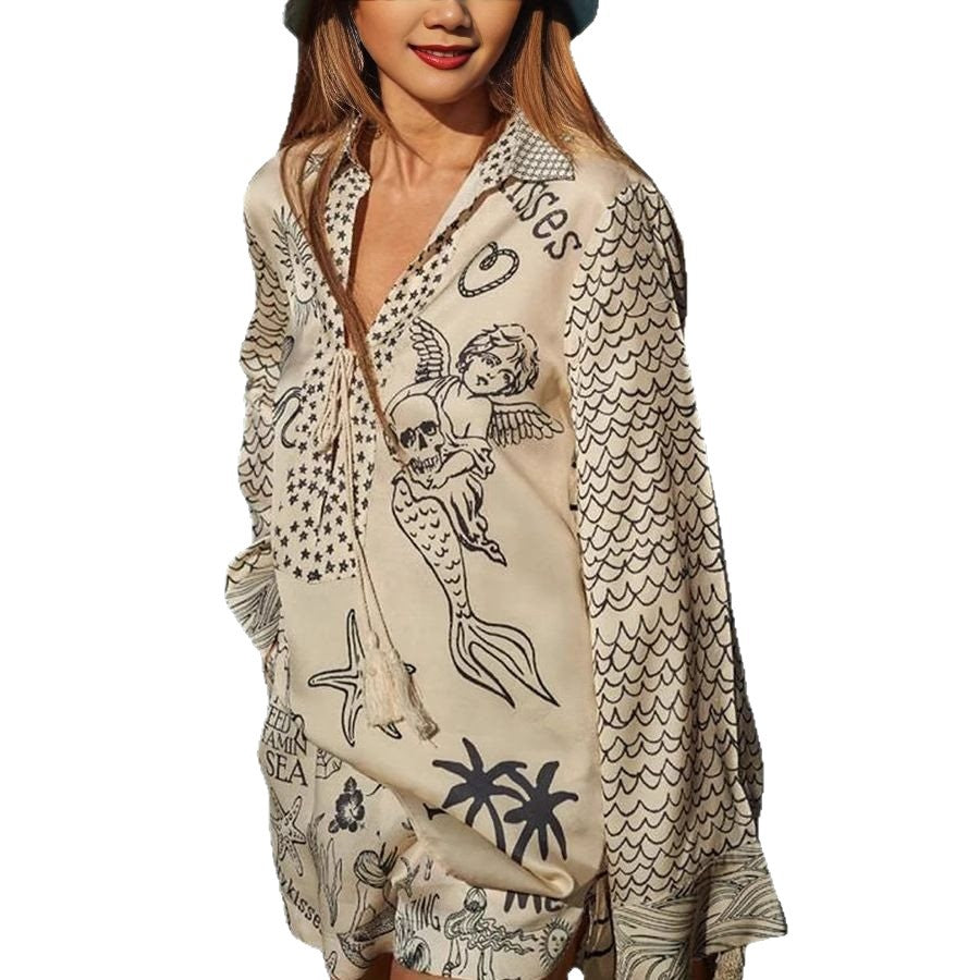 Casual beach blouse for women with an artistic nautical print and an elegant V neckline Lune London
