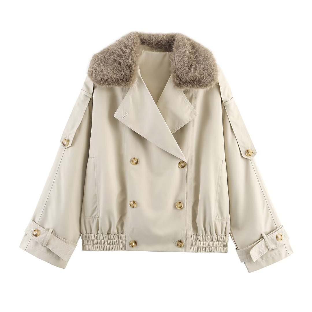 Transitional jacket for women with a luxurious faux fur collar and practical buttons Lune London