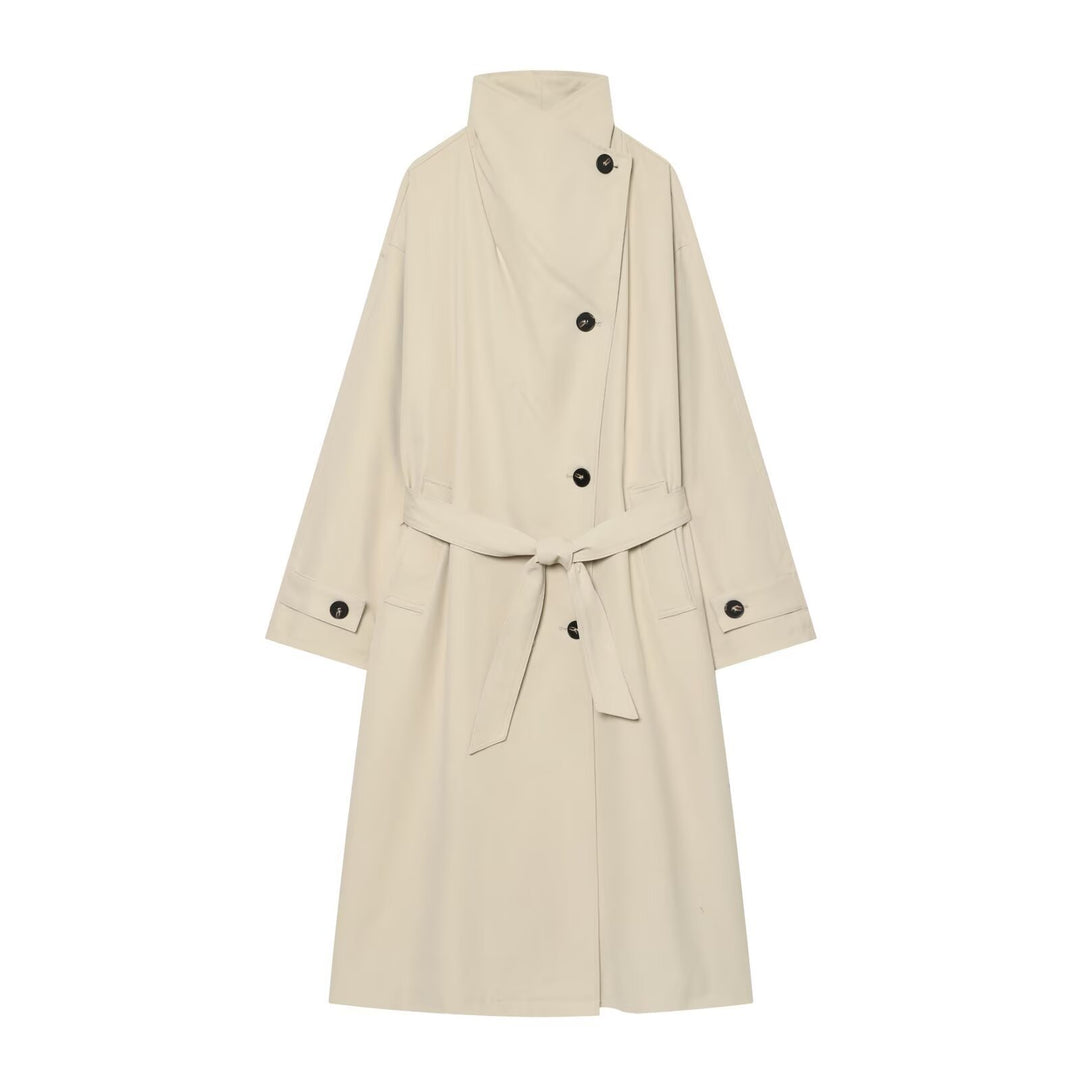 Women's Wide-Cut Trench Coat with Funnel Collar, Asymmetrical Button Placket, and Tied Belt Amarae