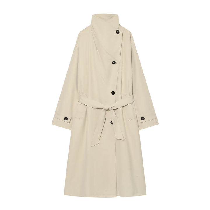 Women's Wide-Cut Trench Coat with Funnel Collar, Asymmetrical Button Placket, and Tied Belt Amarae