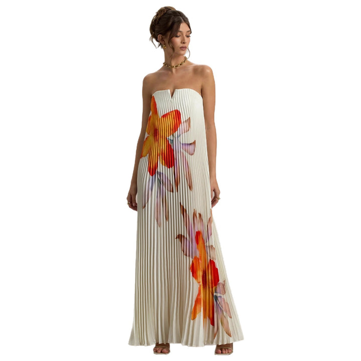 Elegant pleated dresses for women with floral design and strapless neckline Chic & Stil
