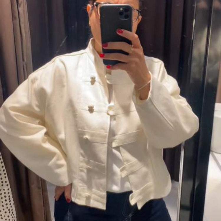 Women's Cropped Boxy Jacket with Chinese Stand Collar and Decorative Button Placket Amarae