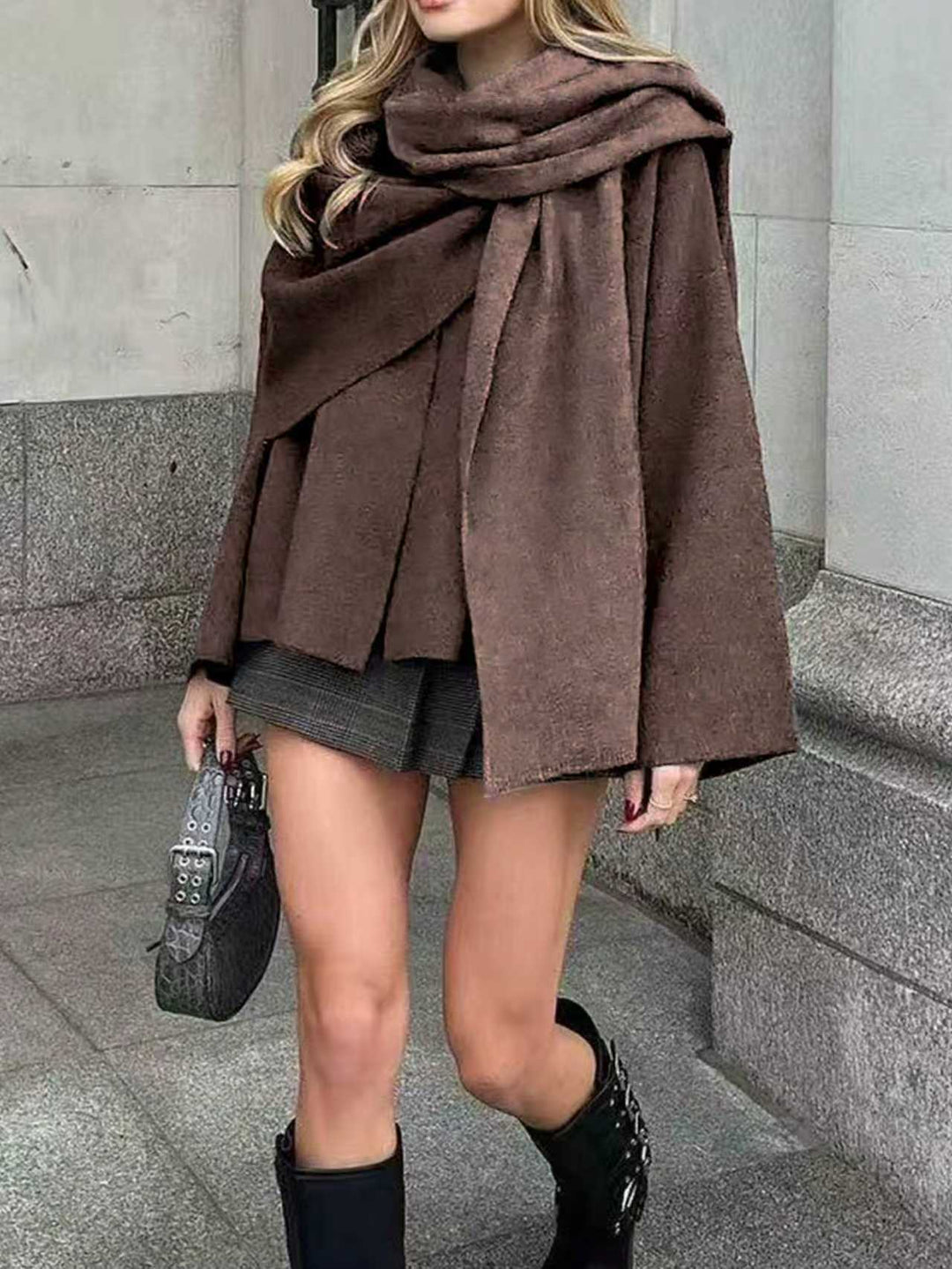 Women Oversize Wrap Poncho Coat with Wide Shawl Collar and One-Button Detail Amarae