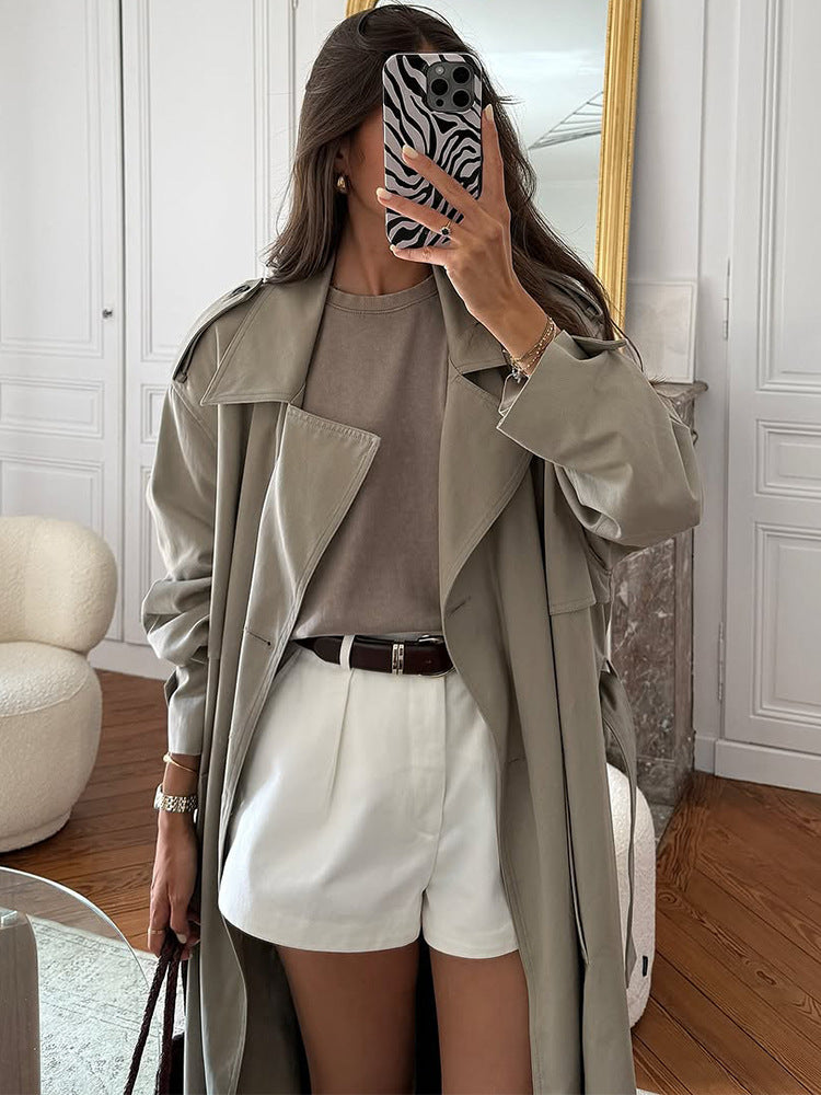 Women Oversize Trench Coat made of lightweight Gabardine with shoulder flaps and waterfall collar Amarae
