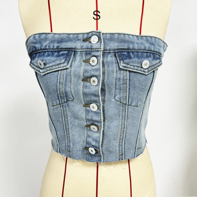 Women's Denim Bustier Top with Button Placket and Figure-Hugging Cut Lune London