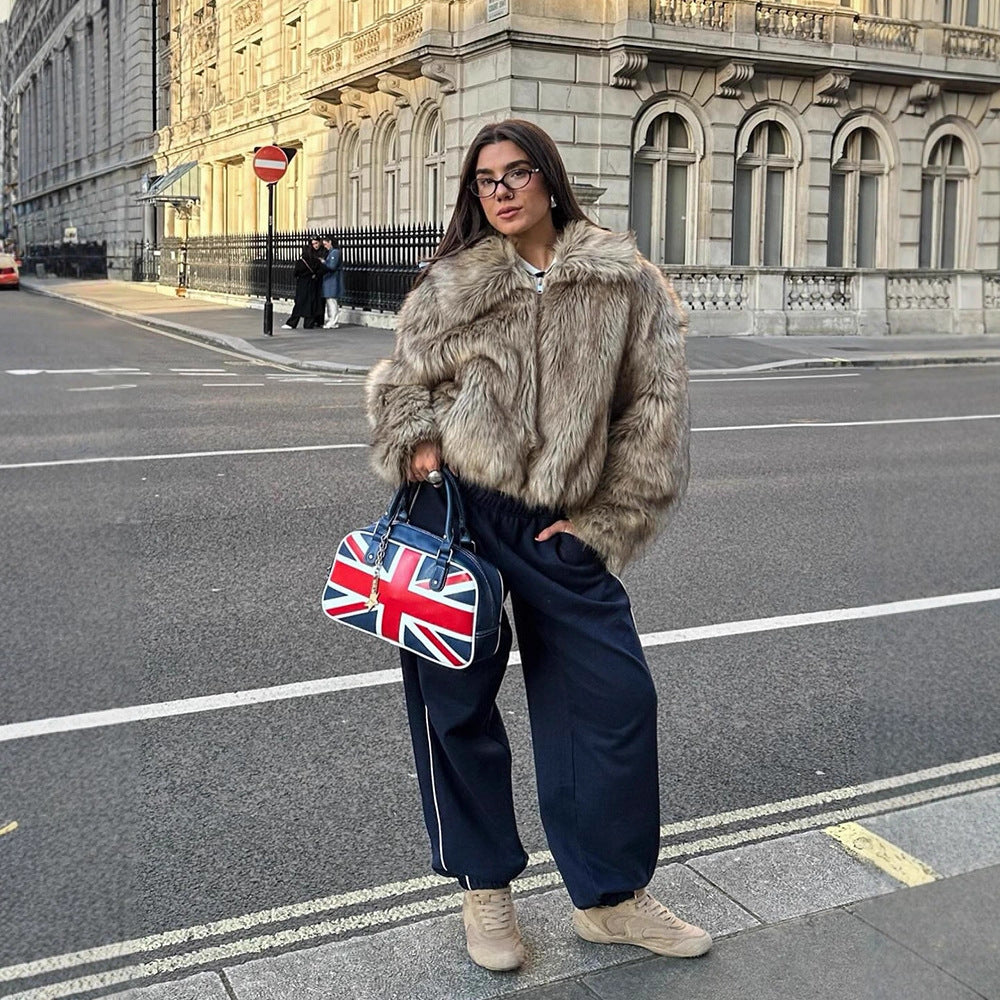 Women's Short Cut Faux-Fur Boxy Coat with Hood and Zip Amarae