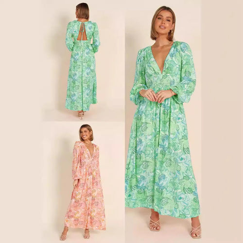 Floral print summer dress for women with deep V-neck and puff sleeves Amarae
