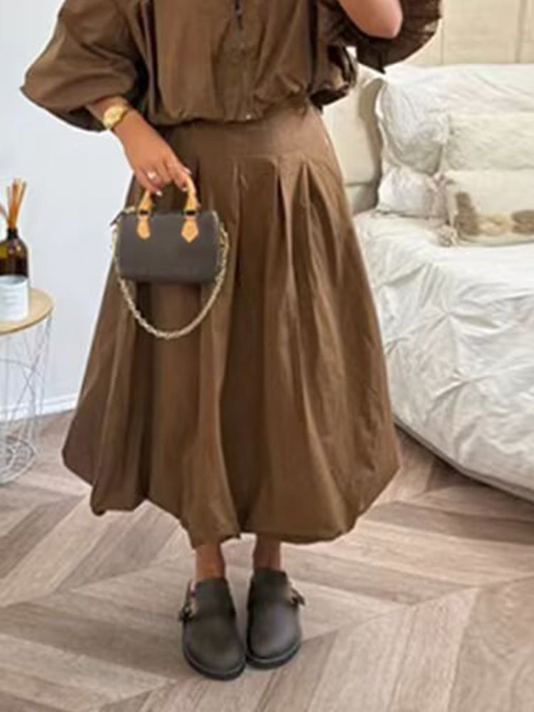 Women Tailored A-Line Midi Skirt with Pleats & High Waist Amarae
