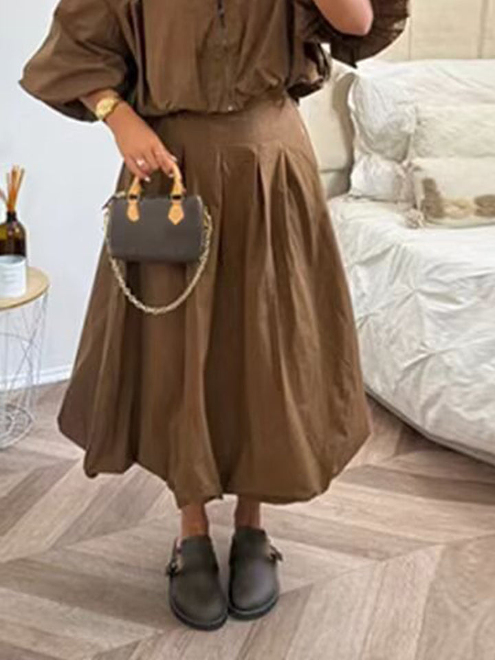 Women Tailored A-Line Midi Skirt with Pleats & High Waist Amarae