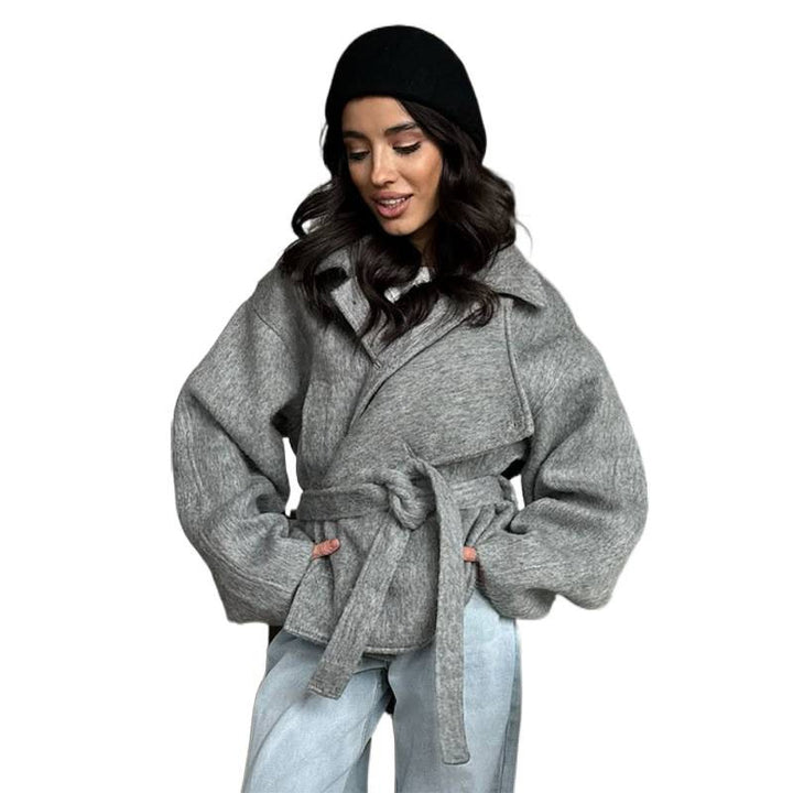 Women's Oversize Short Coat made of Wool Blend with Ties and Stand-Up Collar Amarae