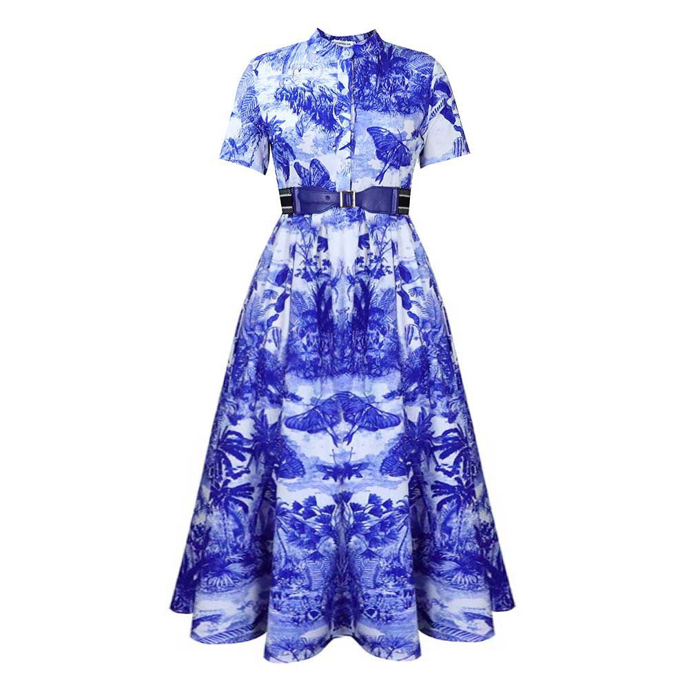 Maxi dress for women with botanical print and fitted belt Lune London