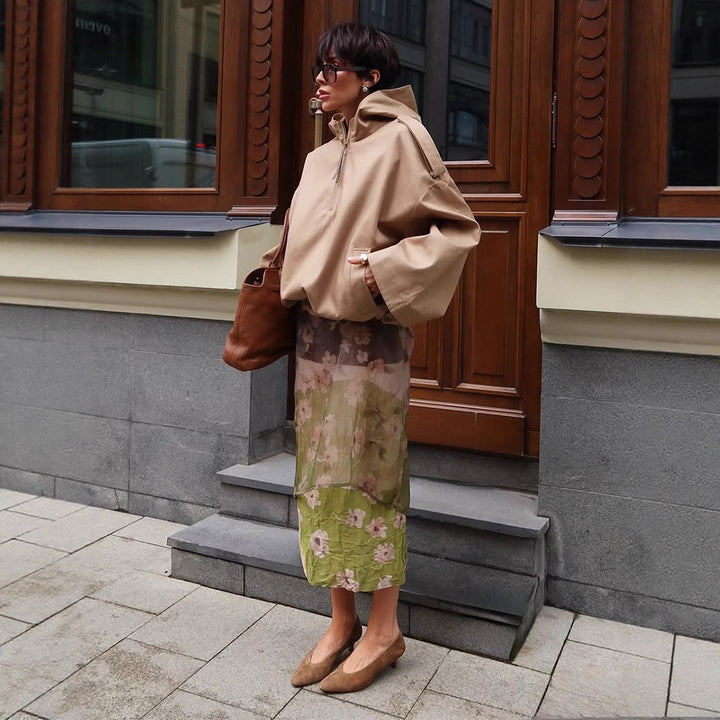 Women's Oversize Hoodie Jacket with Half Zipper and Shoulder Yoke Amarae