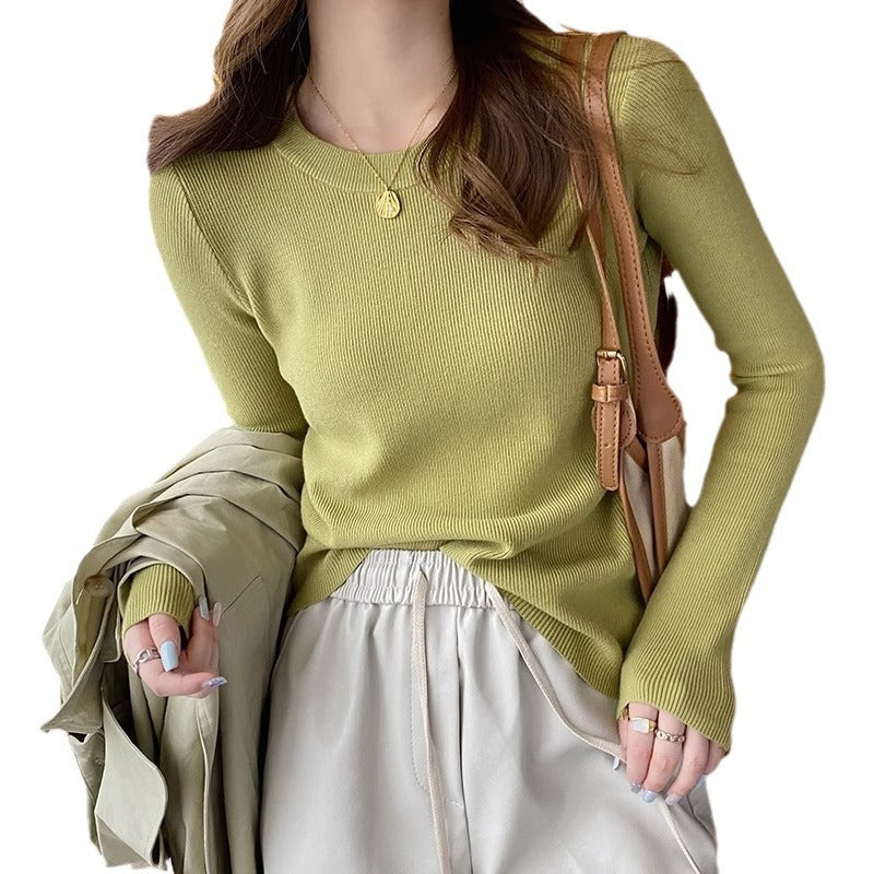 Pull en tricot côtelé ajusté pour femmes avec col rond