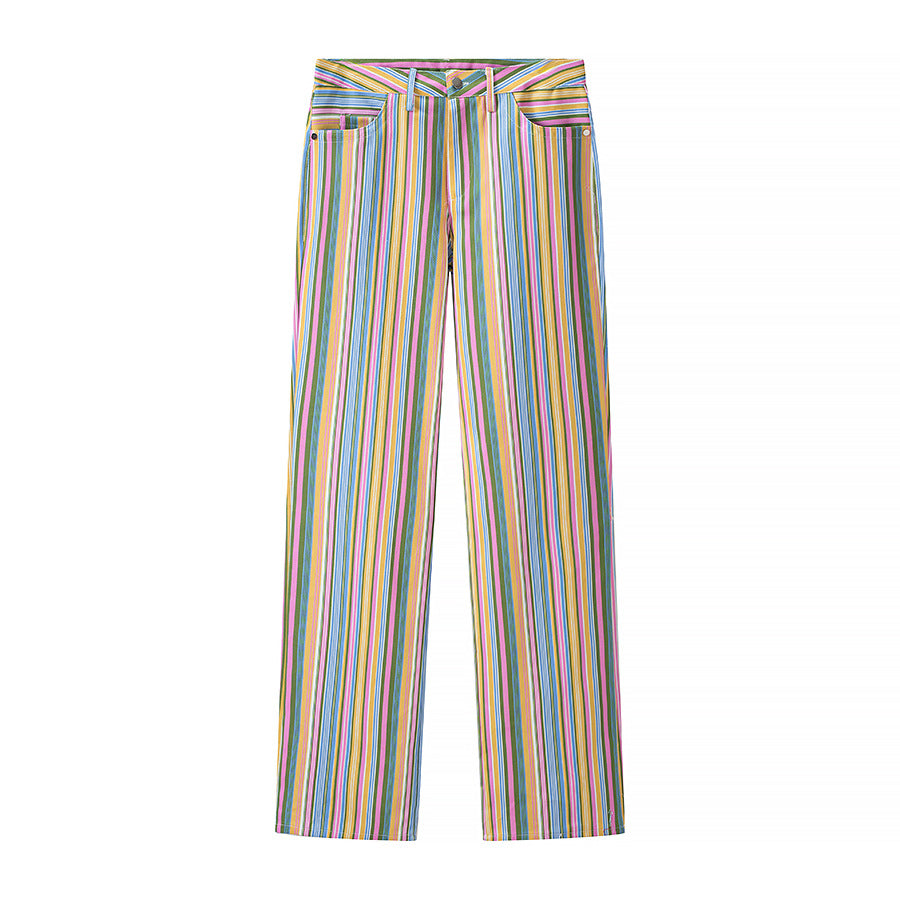 Women's straight-cut high-waisted pants with vertical multi-stripe pattern and five-pocket cut Amarae