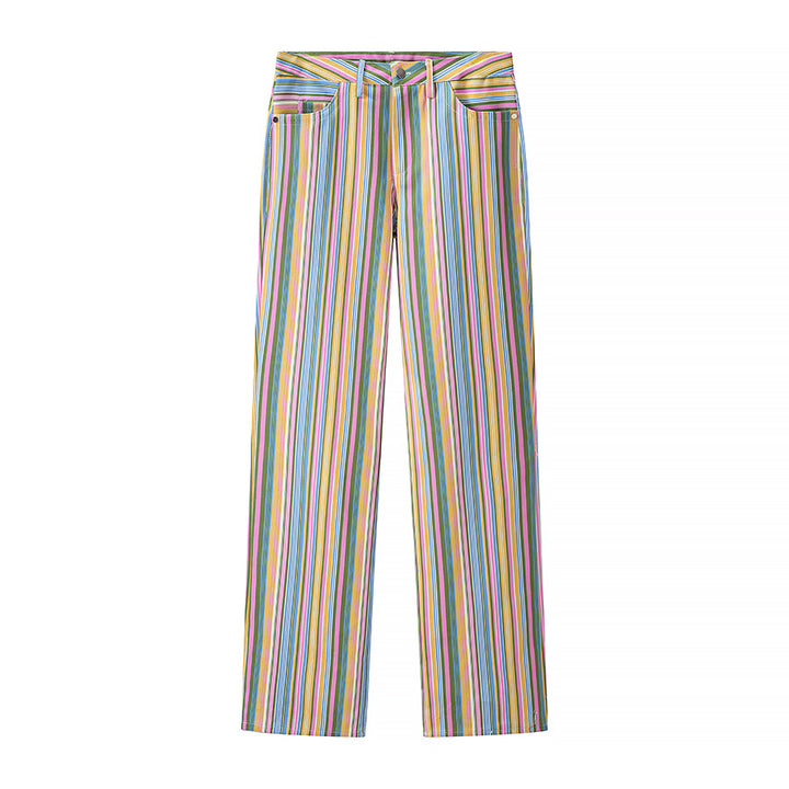 Women's straight-cut high-waisted pants with vertical multi-stripe pattern and five-pocket cut Amarae
