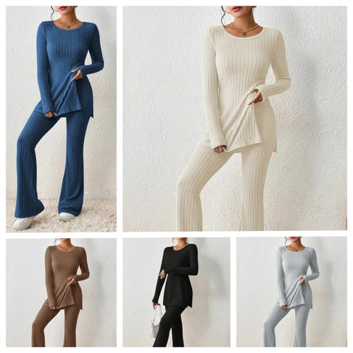 Amarae finely ribbed loungewear set for women with long sleeves and flared legs