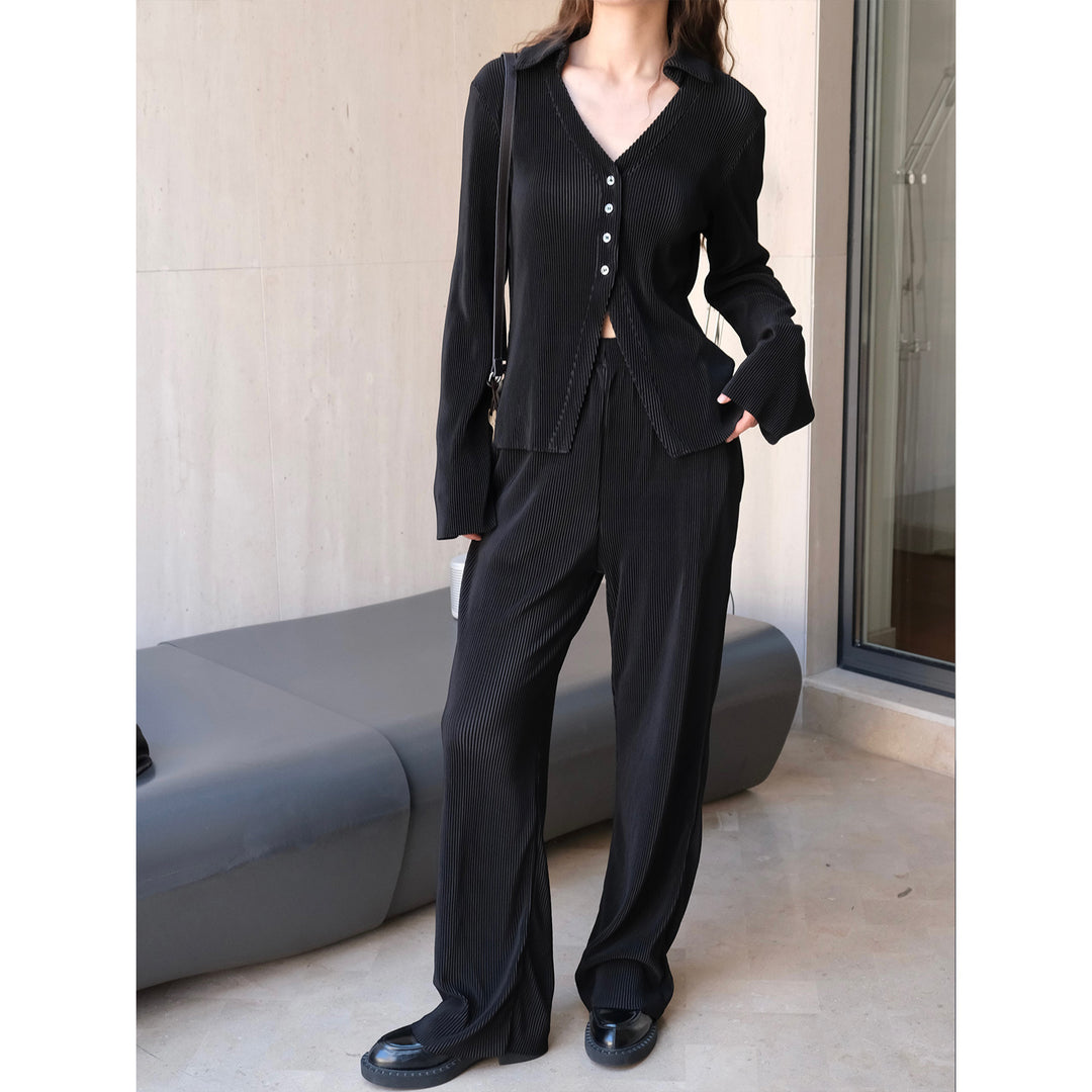 Women's Ribbed Pleated Shirt Blouse with V-Neck and Button Placket Amarae