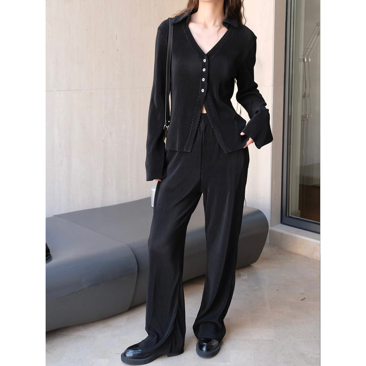 Women's Ribbed Pleated Shirt Blouse with V-Neck and Button Placket Amarae