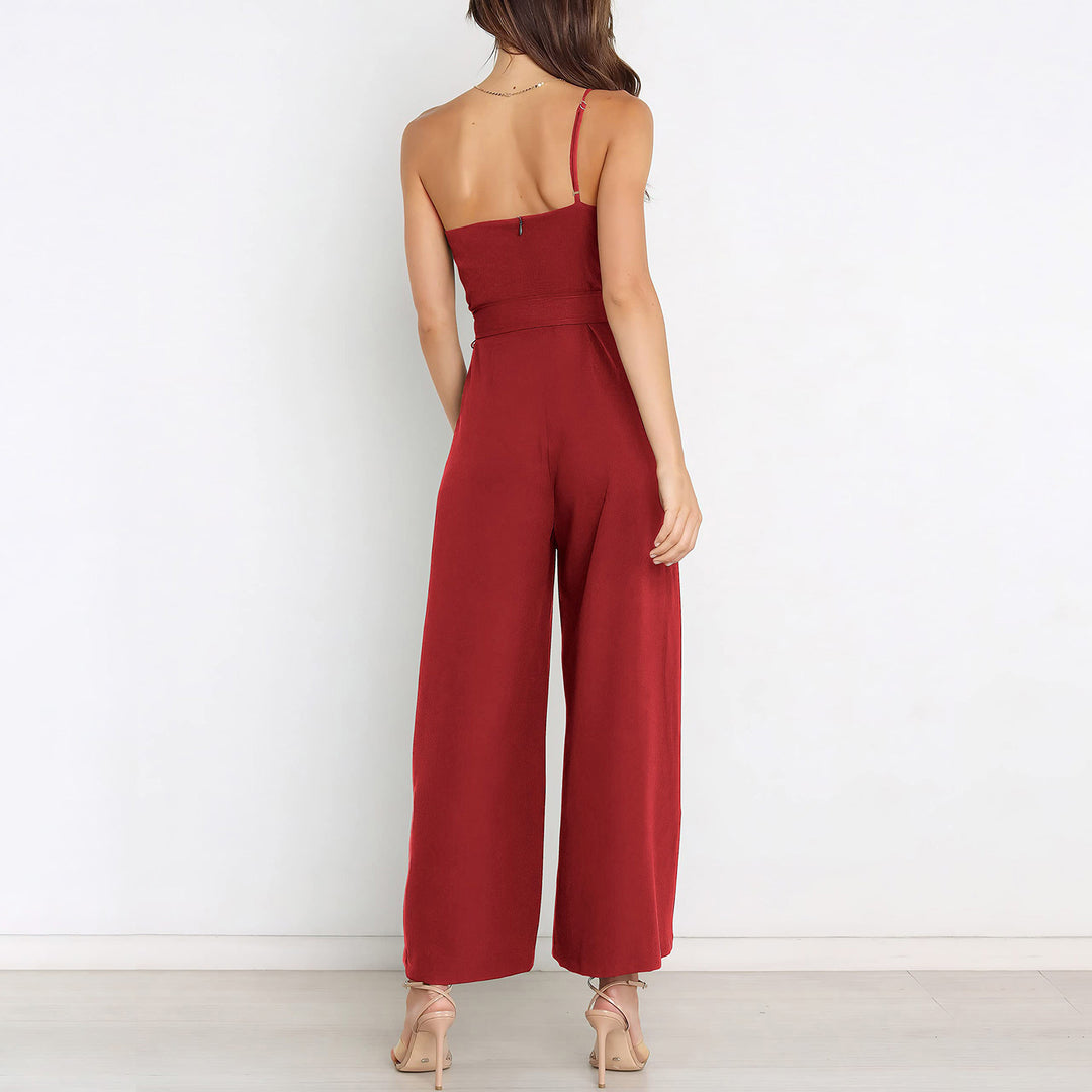 Ladies Elegant Jumpsuit with asymmetrical design and waist belt Lune London