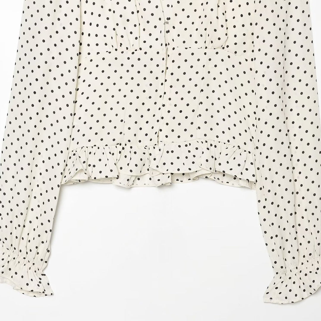 Women Polka Dot Blouse with V-Neck, Ruffled Hem and Balloon Sleeves Amarae