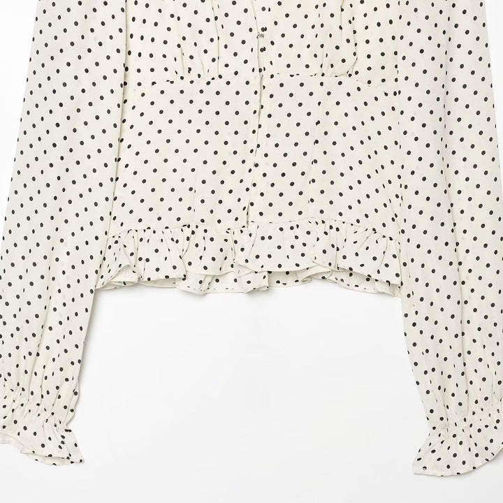 Women Polka Dot Blouse with V-Neck, Ruffled Hem and Balloon Sleeves Amarae