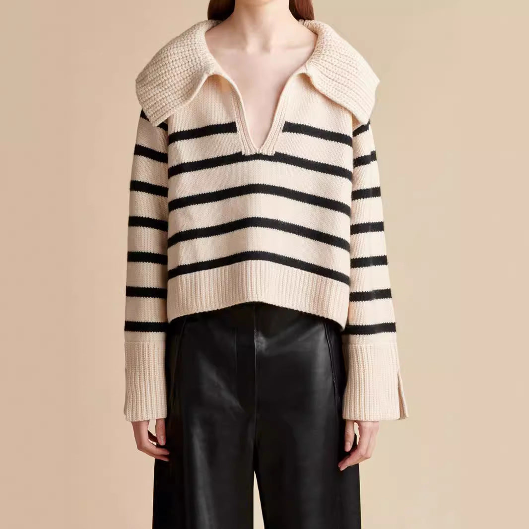 Trendy knitted sweater for women with distinctive collar and striped pattern Lune London
