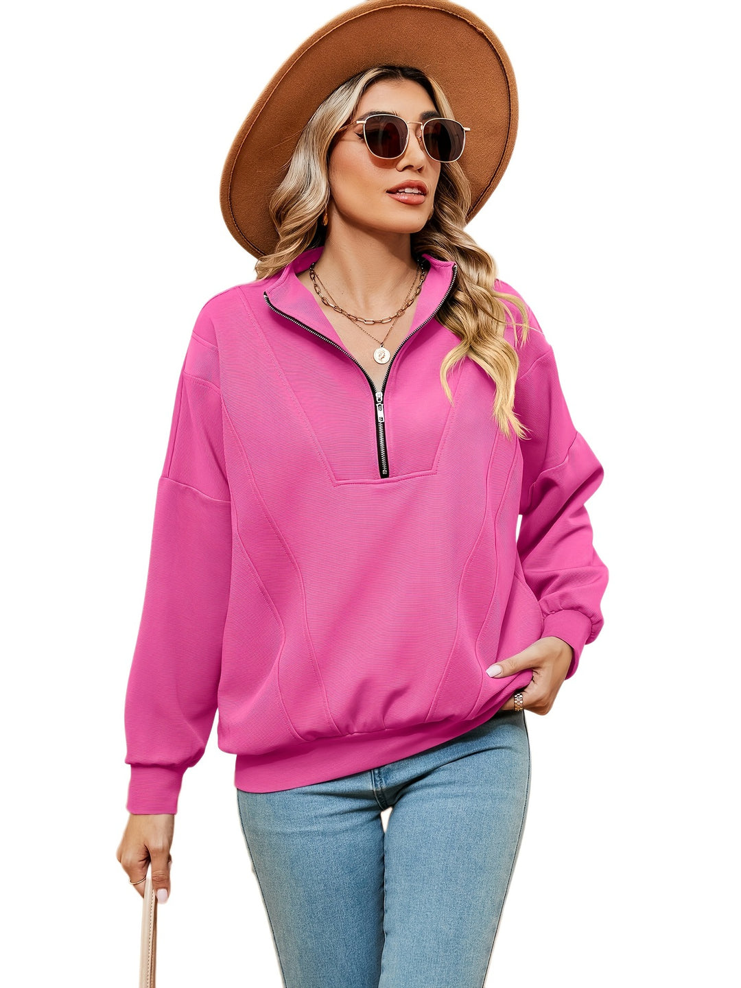 Women’s sweatshirt with half-zip and decorative seams Lune London
