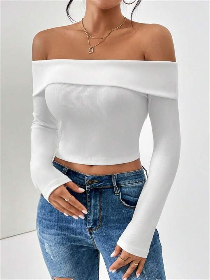 Ladies Off-shoulder top with long sleeves and fine ribbed texture Lune London
