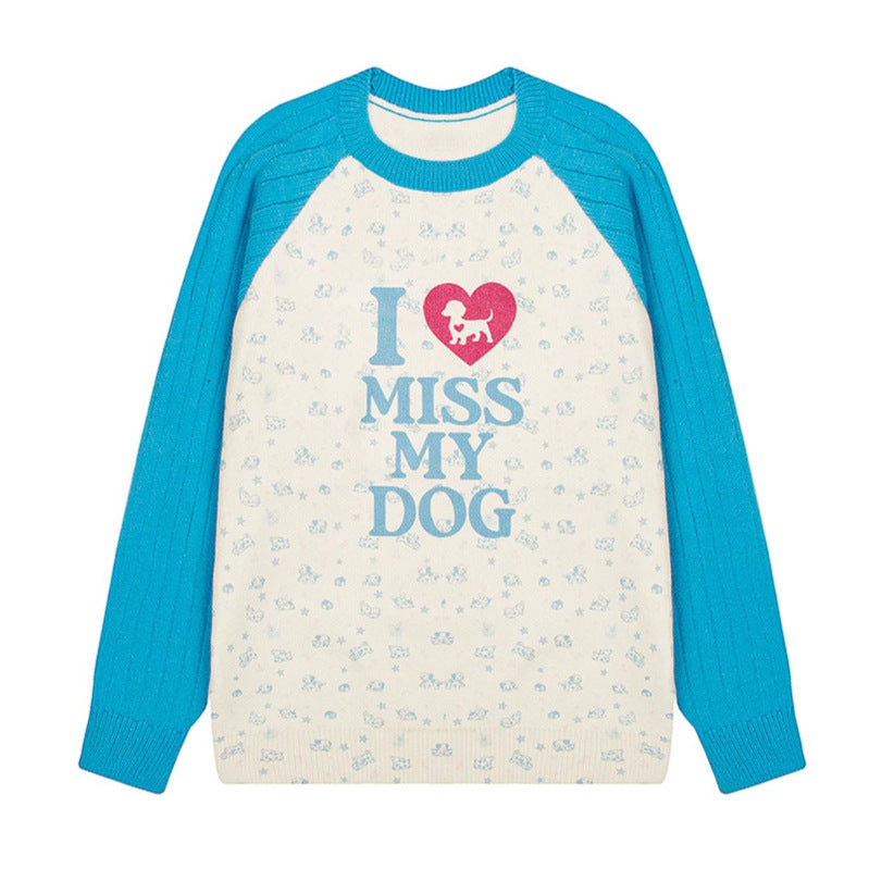Women's knit sweater with raglan sleeves, allover dog motif and statement print Amarae