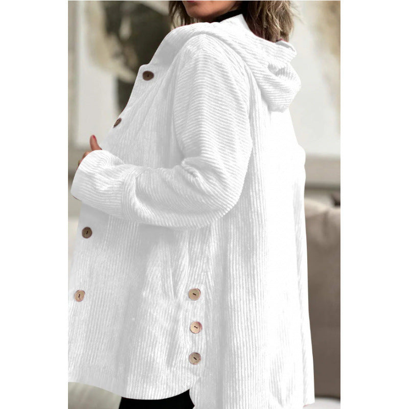 Amarae | Jacket with Hood - Cord - Loose Fit - Medium Length - Button Details