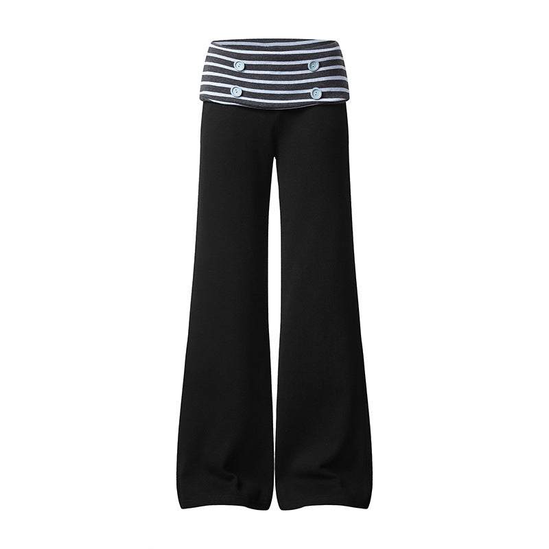 Women's Wide Loungewear Pants with Cuffable Striped Waistband and Decorative Buttons Amarae