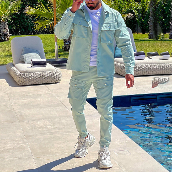 Trendy Cargo Jacket for men with matching pants in casual chic style